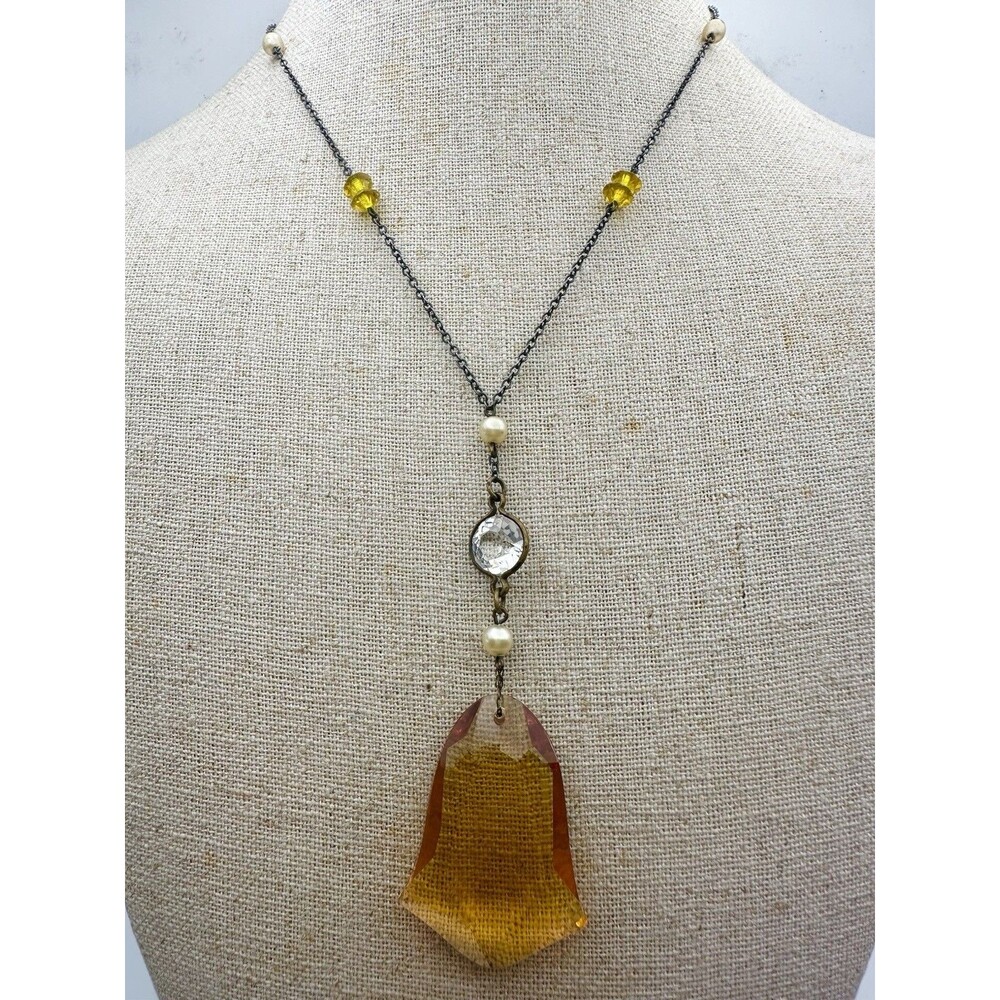 Vintage Czech Amber Color Glass Faux Pearl Necklace 16” READ